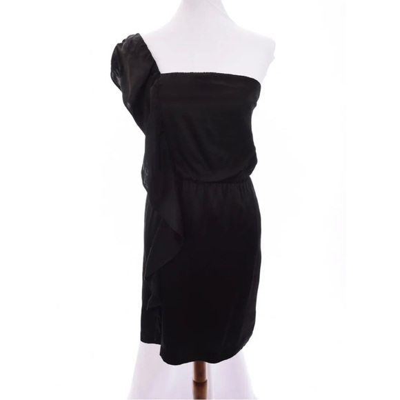 Miss Me Blouson Shift Dress One Shoulder Satin Ruffle Black Sz Small - Picture 1 of 11